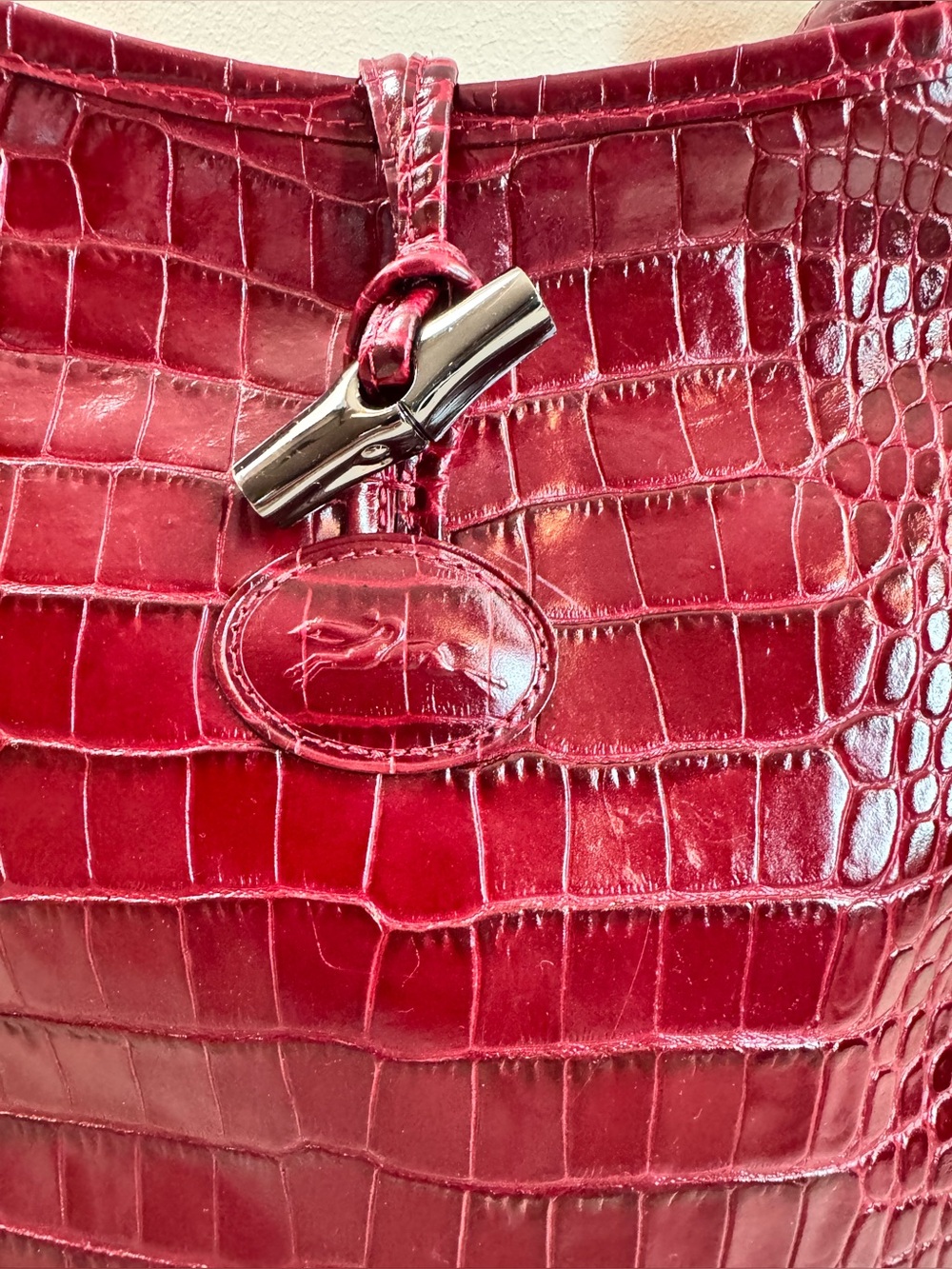 Longchamp Roseau Croc-Embossed Crossbody Bag in Bordeaux - Picture 4 of 11